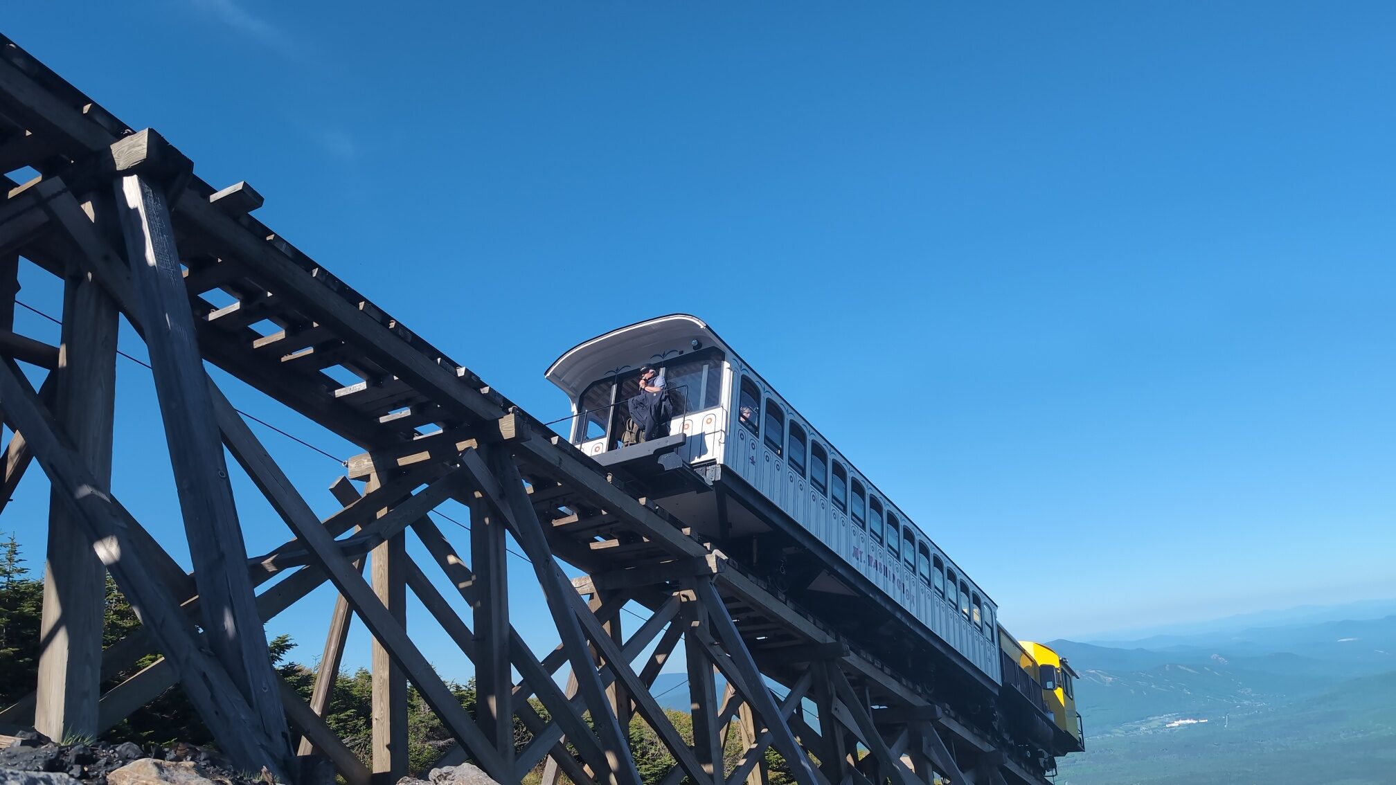 Cog Railway car on wooden trestle